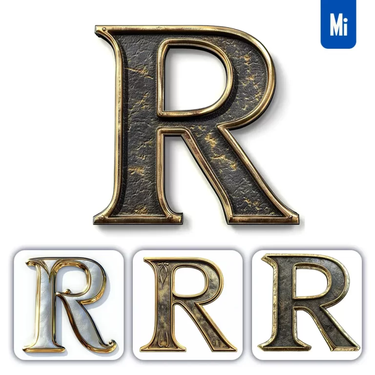 midjourney prompt R letter logo 3D rendering gold golden metal