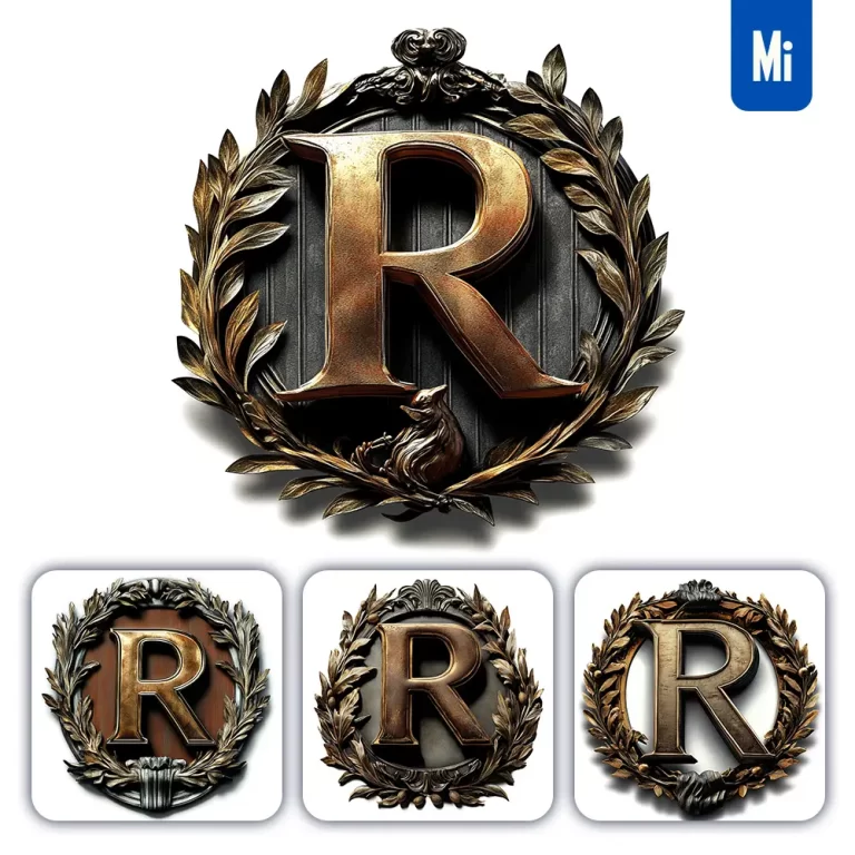 midjourney prompt R letter logo retro 3D rendering dark gold golden metal