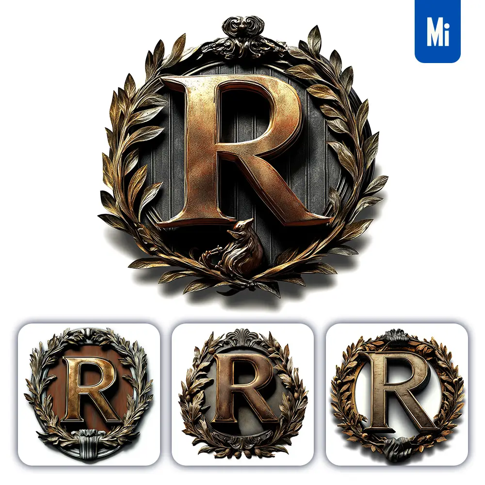 midjourney prompt R letter logo retro 3D rendering dark gold golden metal