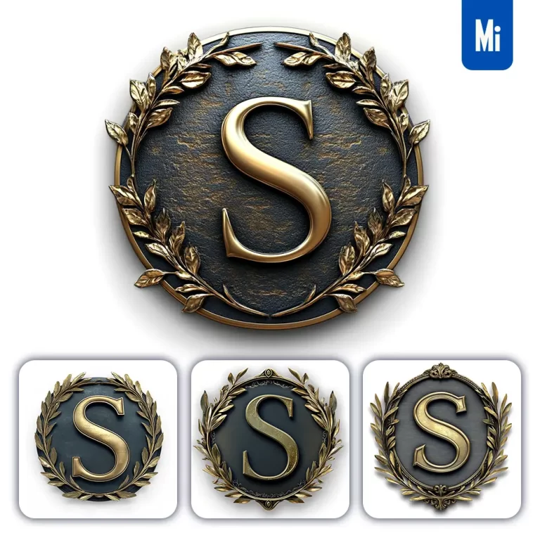 midjourney prompt S letter badge gold coin golden dark olive branches round metal 3D rendering