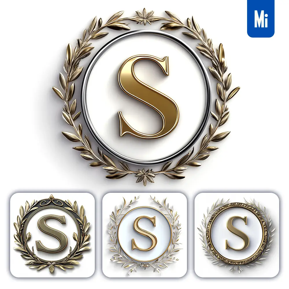 midjourney prompt S letter badge logo gold golden dark olive branches round ring hollow white metal 3D rendering