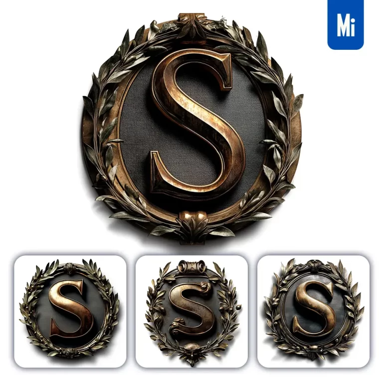 midjourney prompt S letter logo retro 3D rendering dark gold golden metal