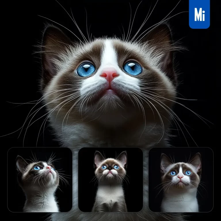 midjourney prompt Snowshoe cat kitten head face front look up portrait photography