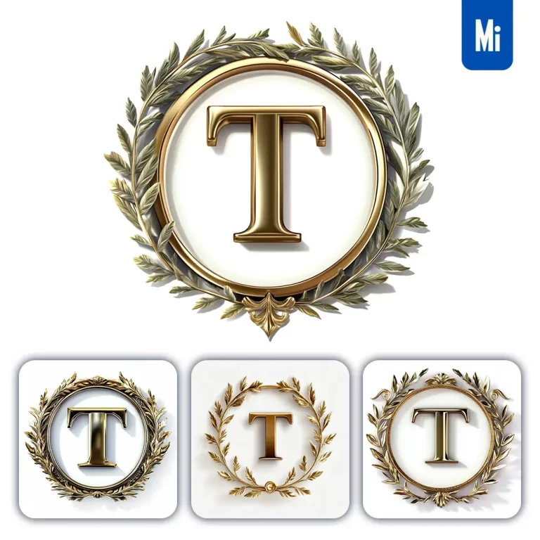 midjourney prompt T letter badge logo gold golden dark olive branches round ring hollow white metal 3D rendering