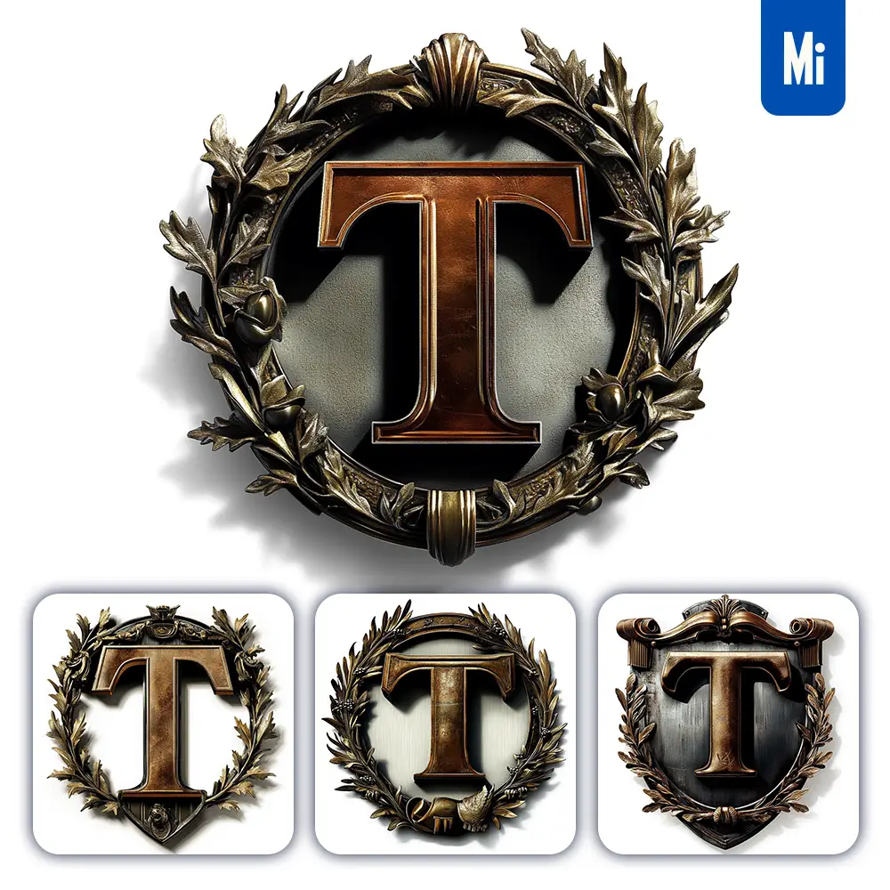 midjourney prompt T letter logo retro 3D rendering dark gold golden metal
