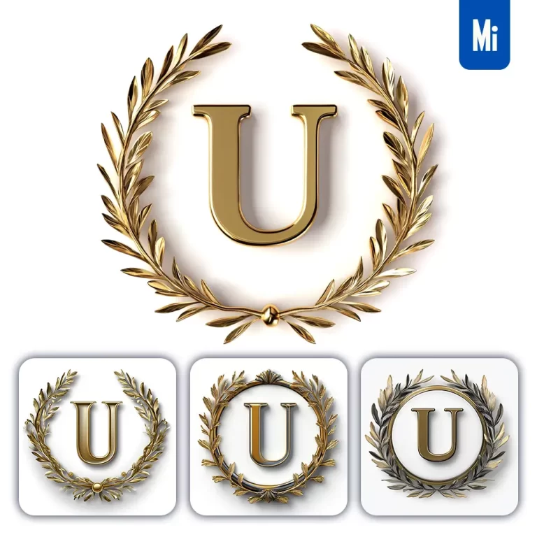 midjourney prompt U letter badge logo gold golden dark olive branches round ring hollow white metal 3D rendering