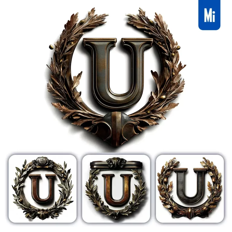 midjourney prompt U letter logo retro 3D rendering dark gold golden metal