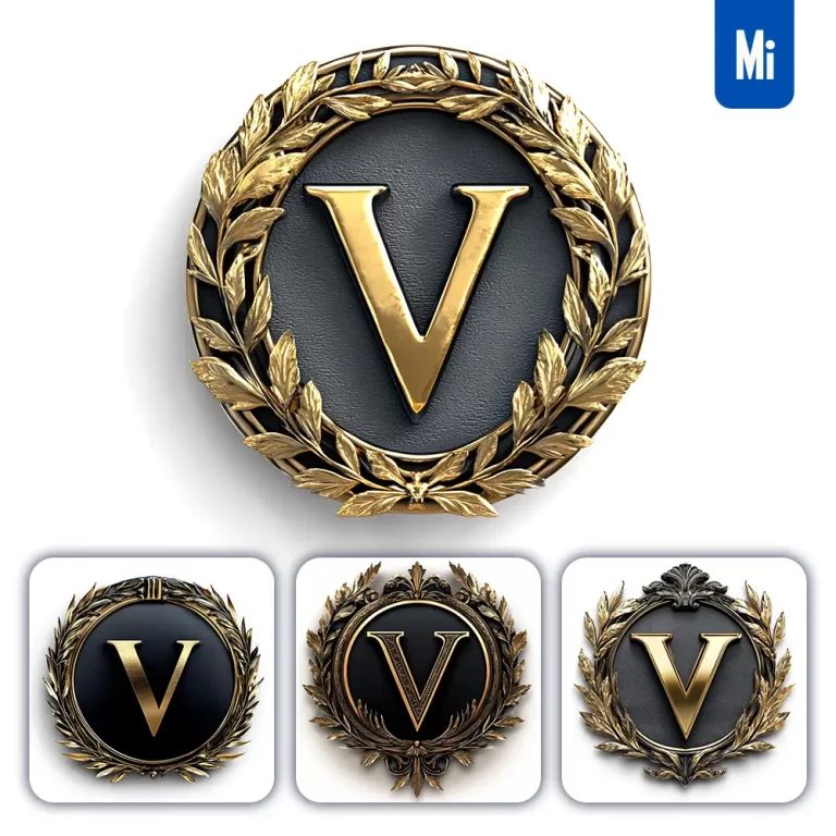 midjourney prompt V letter badge gold coin golden dark olive branches round metal 3D rendering