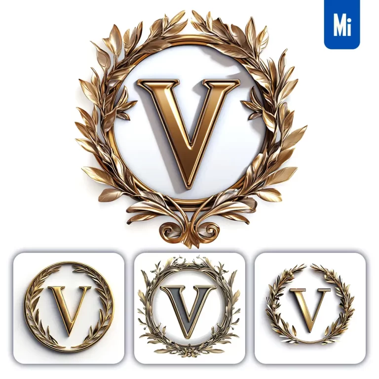 midjourney prompt V letter badge logo gold golden dark olive branches round ring hollow white metal 3D rendering