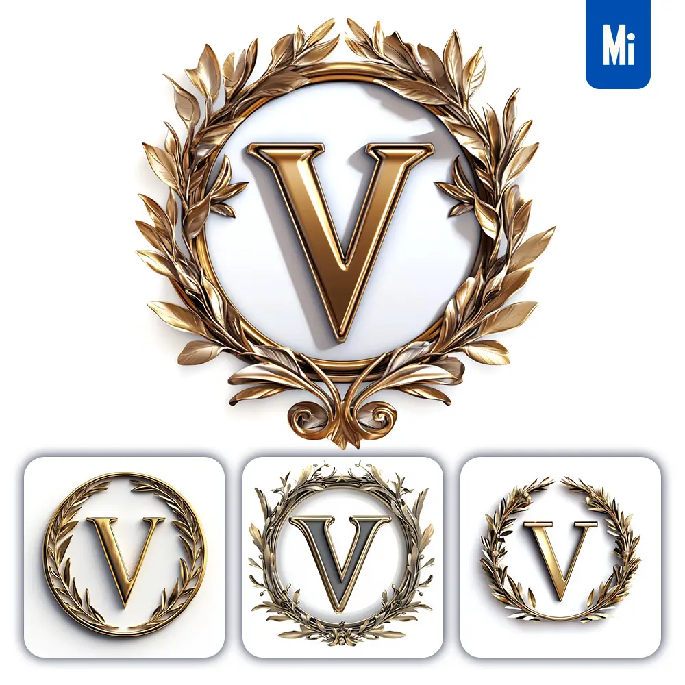midjourney prompt V letter badge logo gold golden dark olive branches round ring hollow white metal 3D rendering