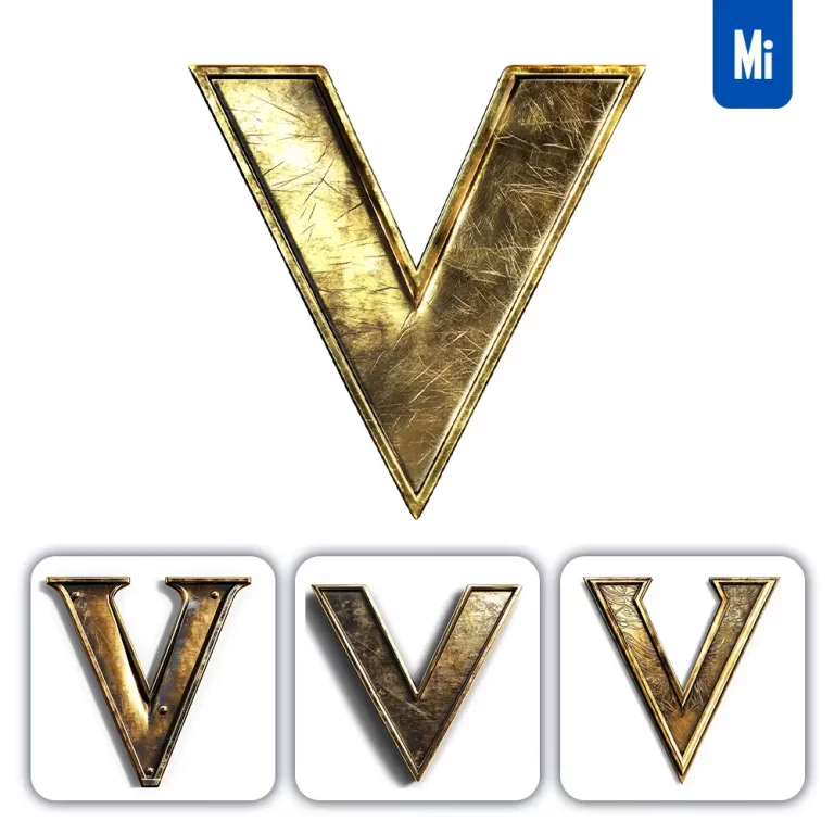 midjourney prompt V letter logo 3D rendering gold golden metal