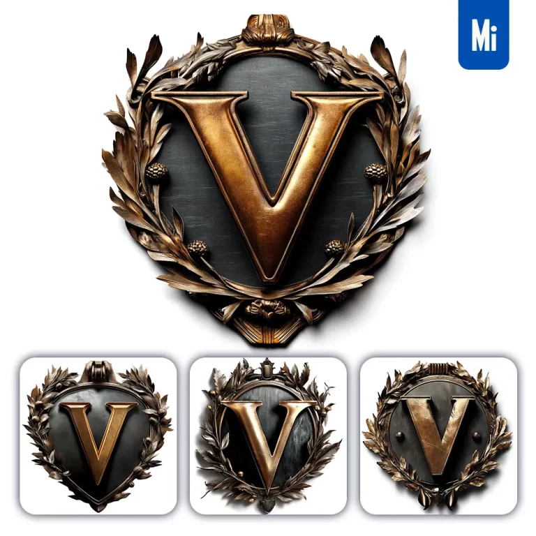 midjourney prompt V letter logo retro 3D rendering dark gold golden metal