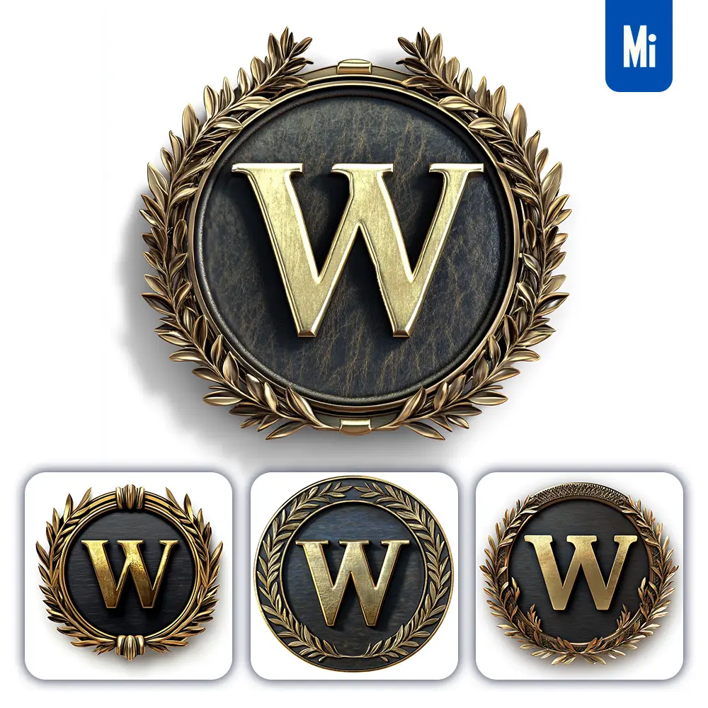 midjourney prompt W letter badge gold coin golden dark olive branches round metal 3D rendering