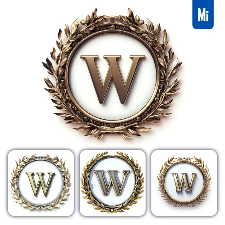 midjourney prompt W letter badge logo gold golden dark olive branches round ring hollow white metal 3D rendering