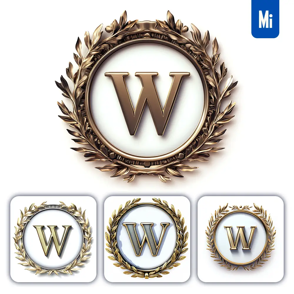midjourney prompt W letter badge logo gold golden dark olive branches round ring hollow white metal 3D rendering