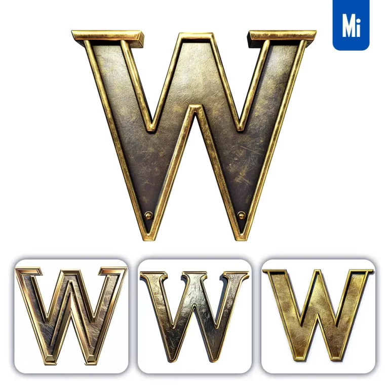 midjourney prompt W letter logo 3D rendering gold golden metal