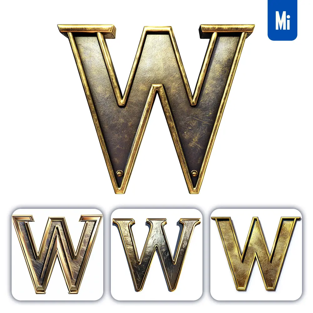 midjourney prompt W letter logo 3D rendering gold golden metal