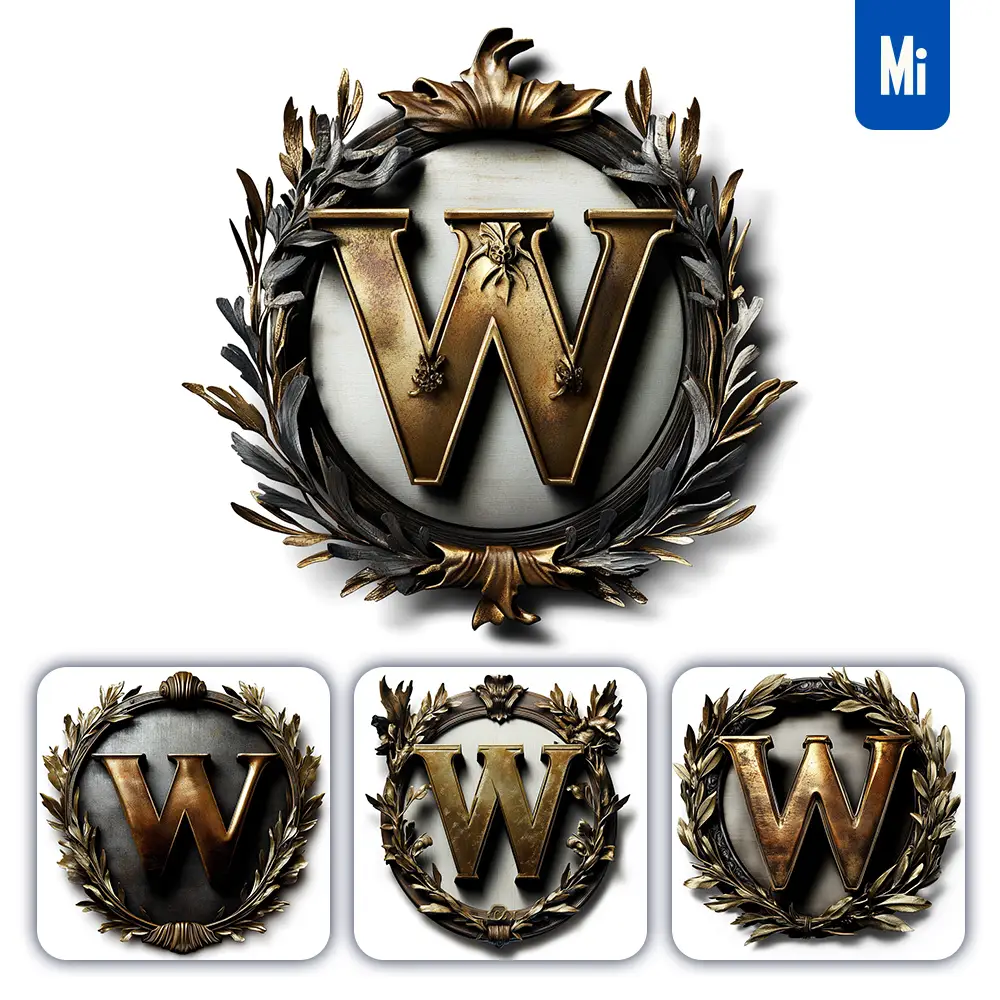 midjourney prompt W letter logo retro 3D rendering dark gold golden metal