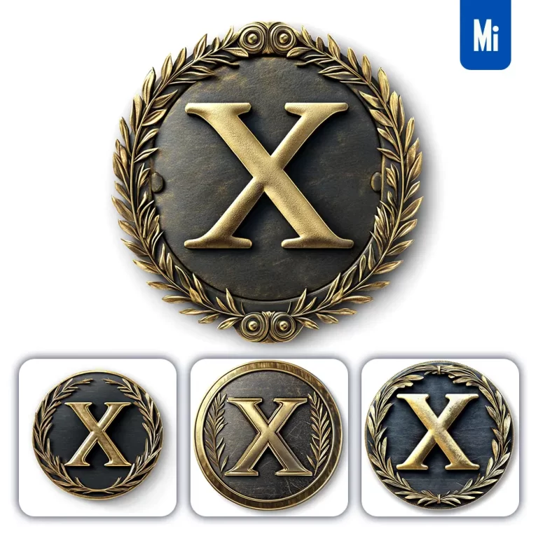 midjourney prompt X letter badge gold coin golden dark olive branches round metal 3D rendering