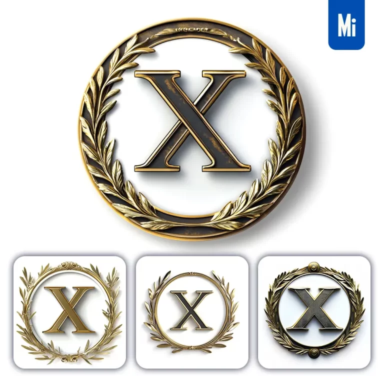 midjourney prompt X letter badge logo gold golden dark olive branches round ring hollow white metal 3D rendering