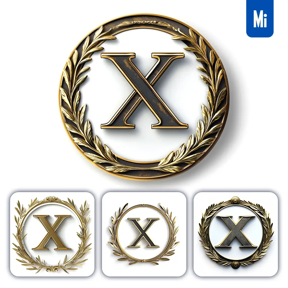 midjourney prompt X letter badge logo gold golden dark olive branches round ring hollow white metal 3D rendering