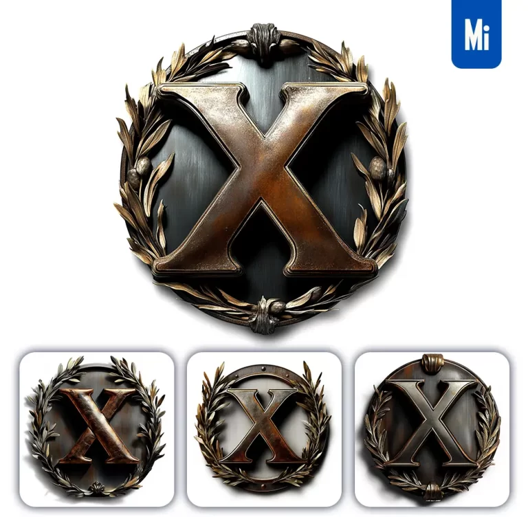 midjourney prompt X letter logo retro 3D rendering dark gold golden metal