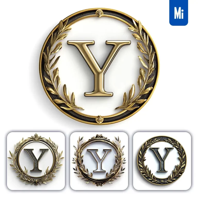 midjourney prompt Y letter badge logo gold golden dark olive branches round ring hollow white metal 3D rendering