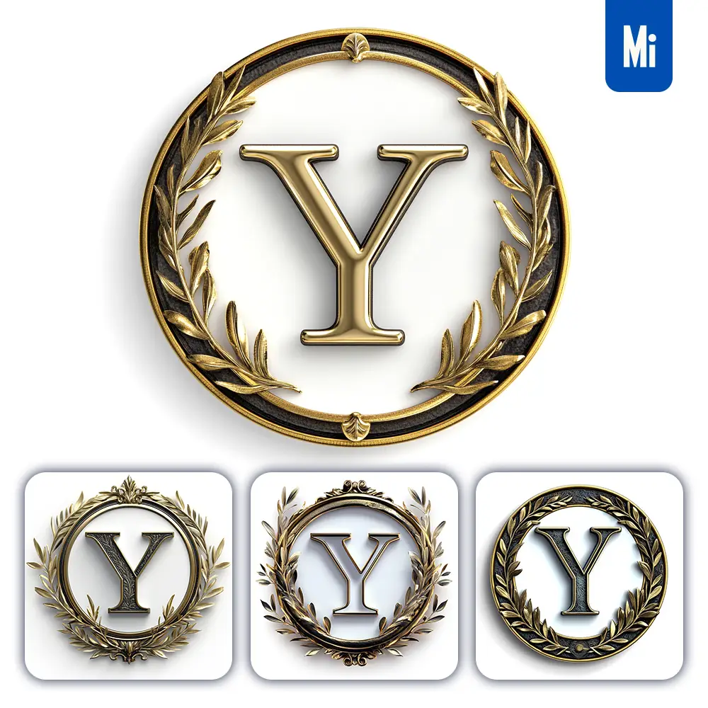 midjourney prompt Y letter badge logo gold golden dark olive branches round ring hollow white metal 3D rendering