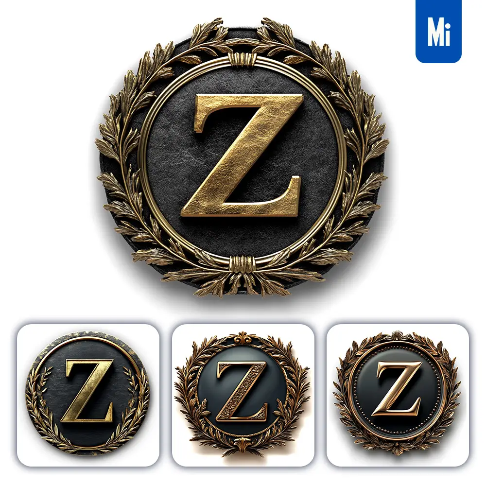 midjourney prompt Z letter badge gold coin golden dark olive branches round metal 3D rendering