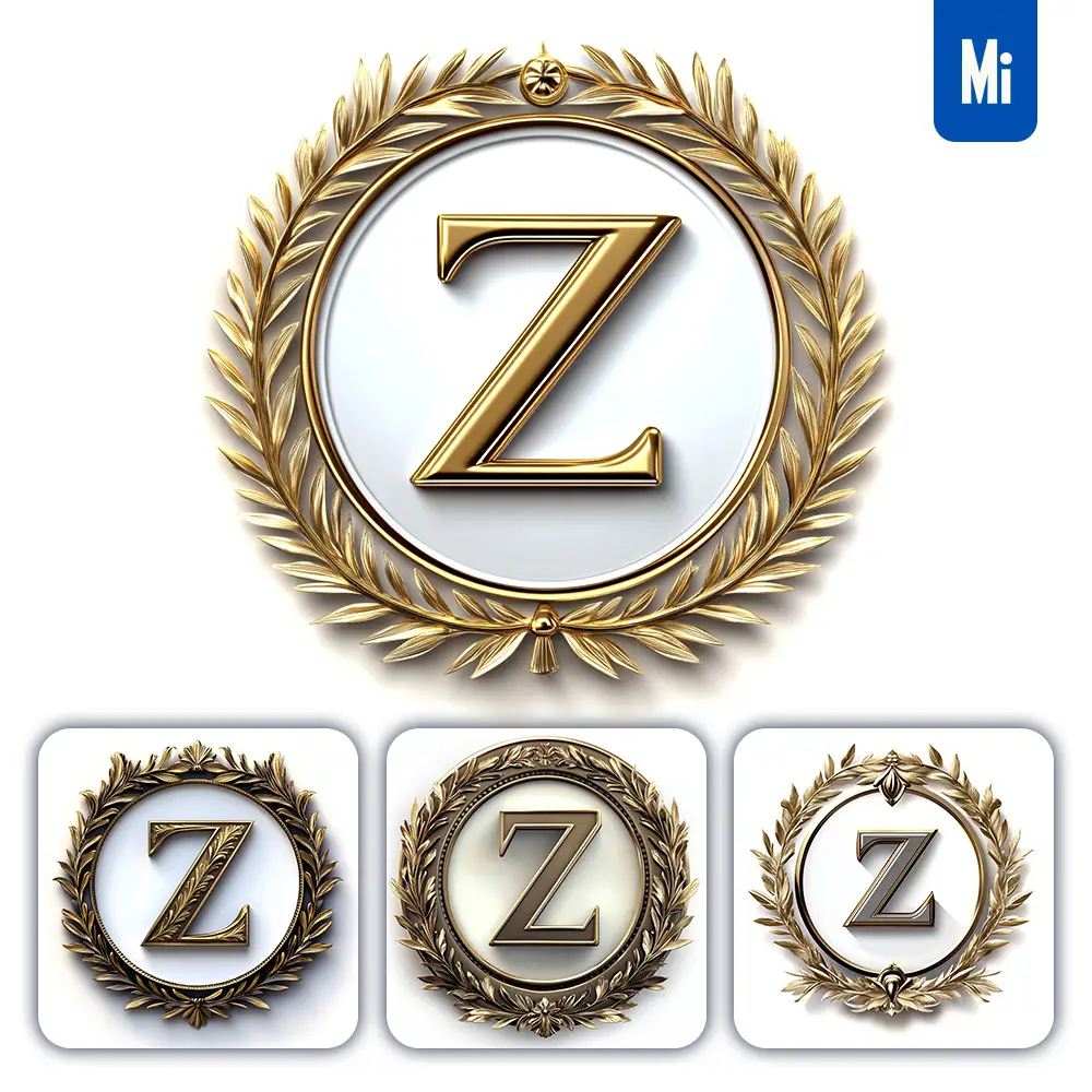 midjourney prompt Z letter badge logo gold golden dark olive branches round ring hollow white metal 3D rendering