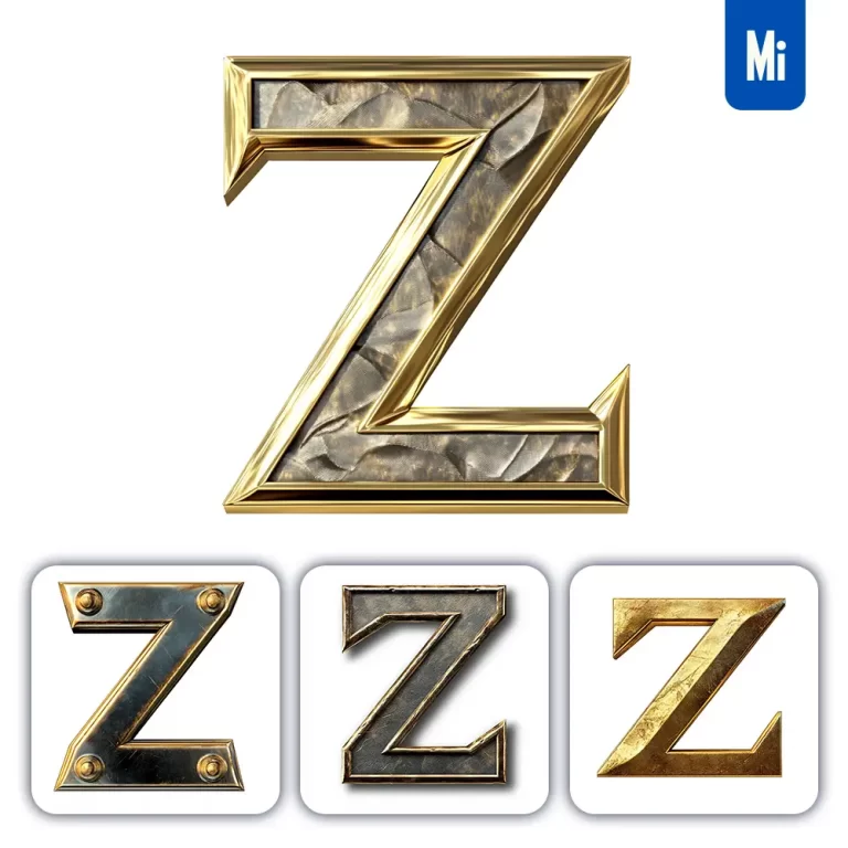 midjourney prompt Z letter logo 3D rendering gold golden metal
