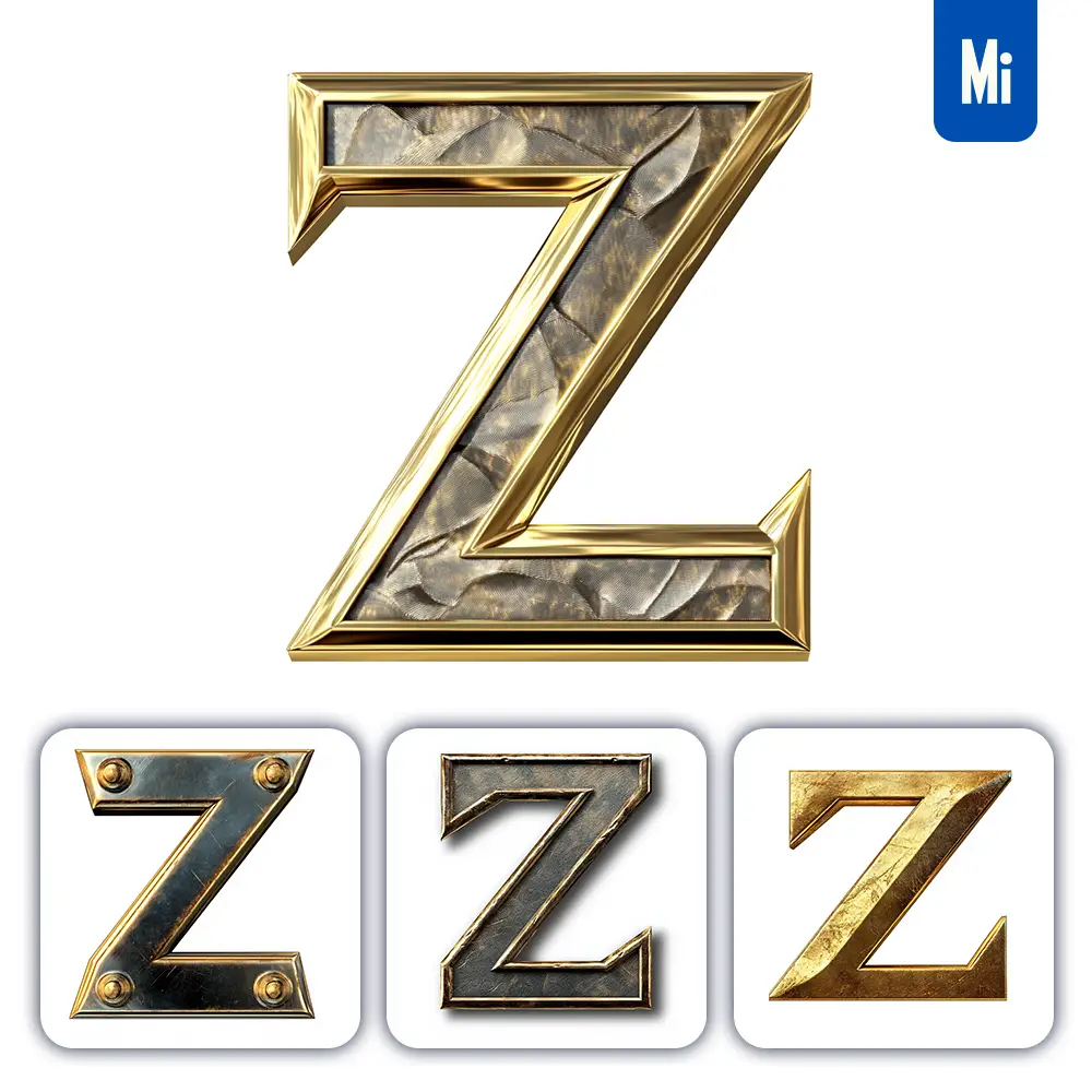 midjourney prompt Z letter logo 3D rendering gold golden metal