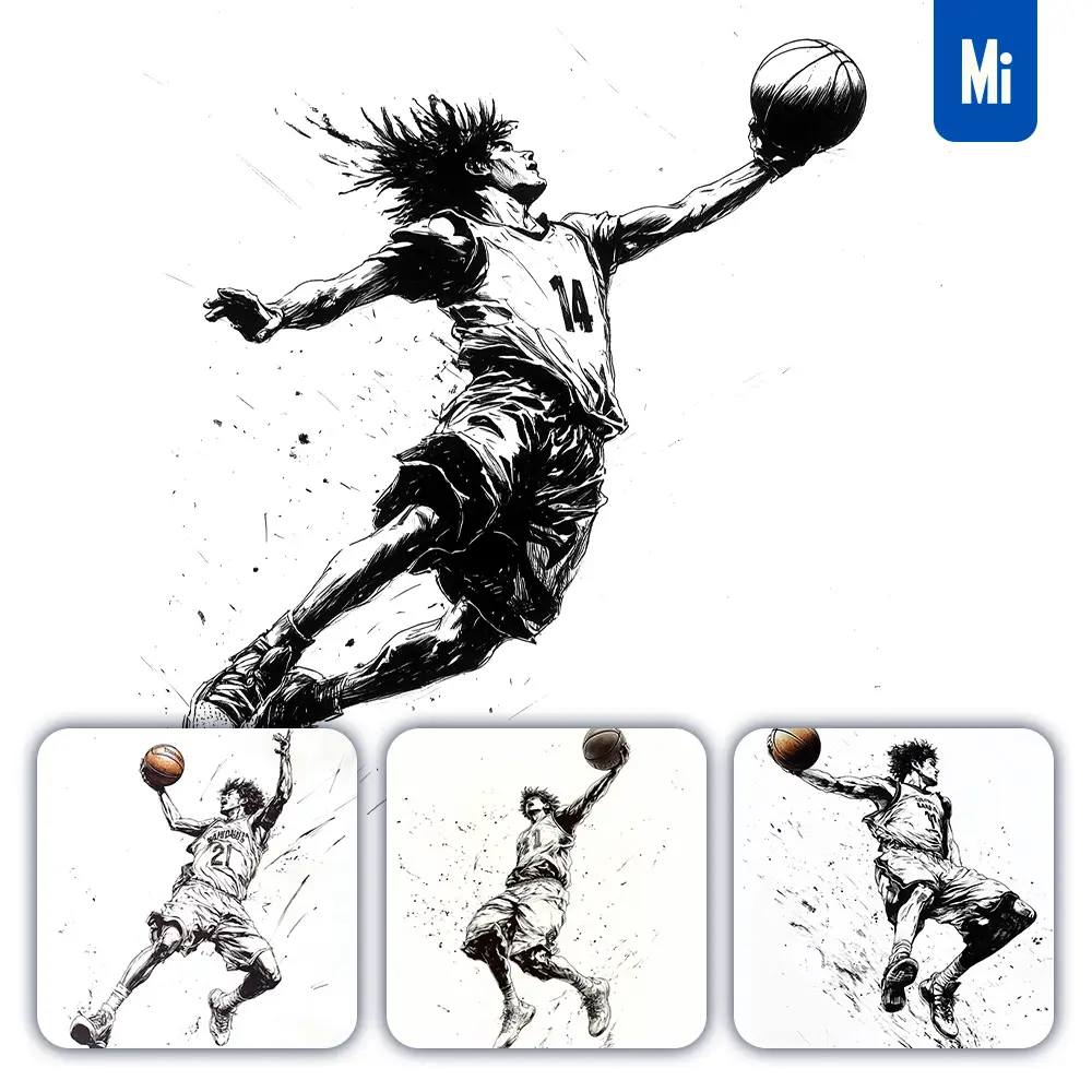 Midjourney Prompt Basketball Player Jump Action Ink Sketches Manga Comic Drawing