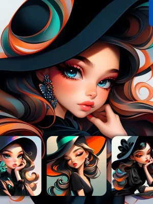 Midjourney Prompt Black Hat Girl Woman Female Lady Portrait Cartoon Illustration