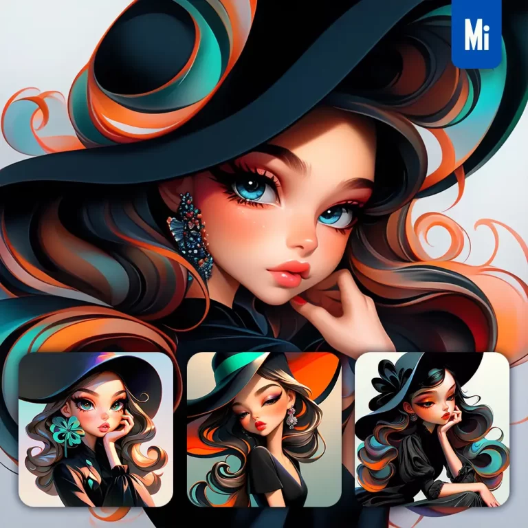 midjourney prompt black hat girl woman female lady portrait cartoon illustration