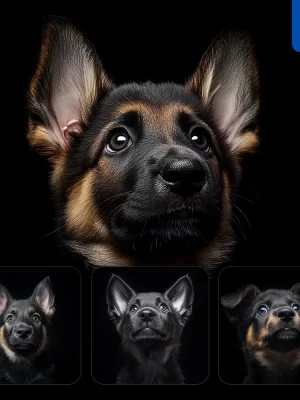 Midjourney Prompt Black Puppy Herding Dog Shepherd Head Face Front Look Up Portrait Photography