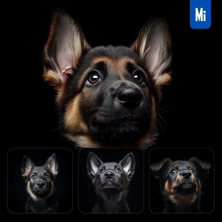 midjourney prompt black puppy herding dog Shepherd head face front look up portrait photography