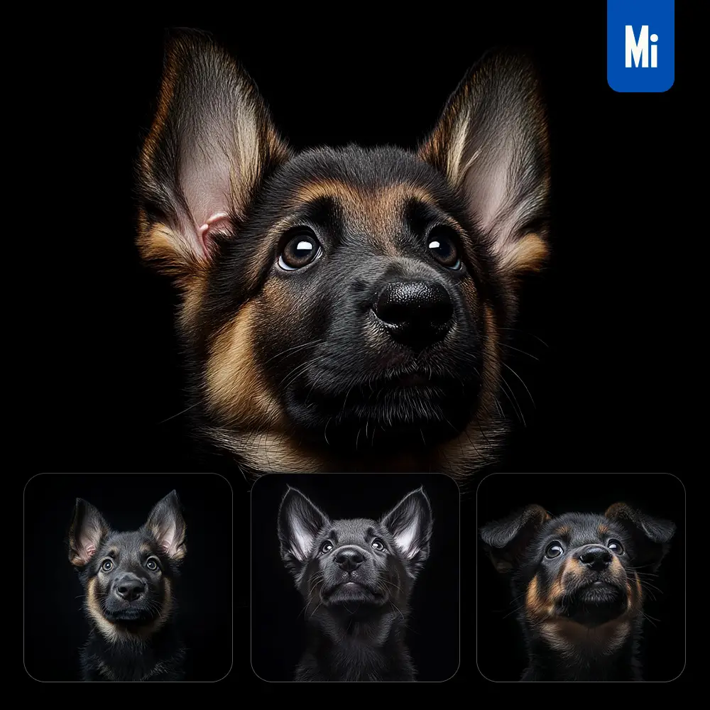 midjourney prompt black puppy herding dog Shepherd head face front look up portrait photography