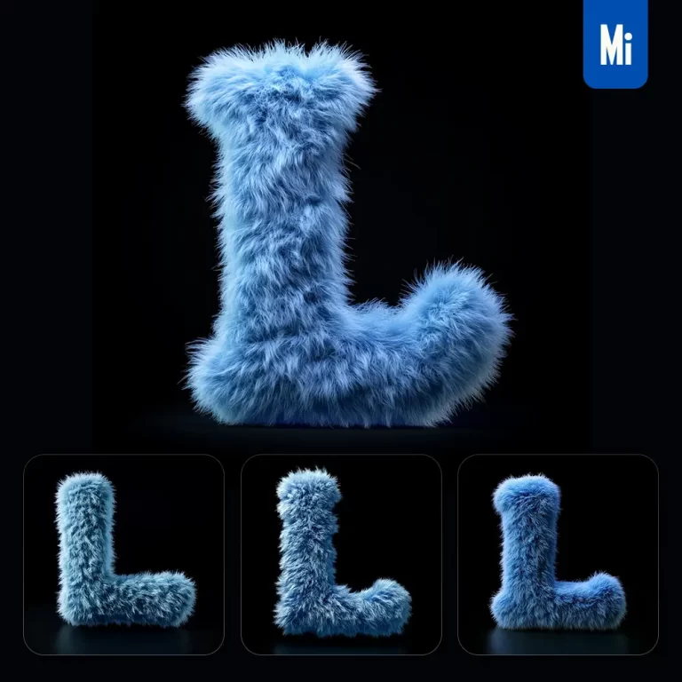 midjourney prompt blue L letter plush fluffy cute 3D toy