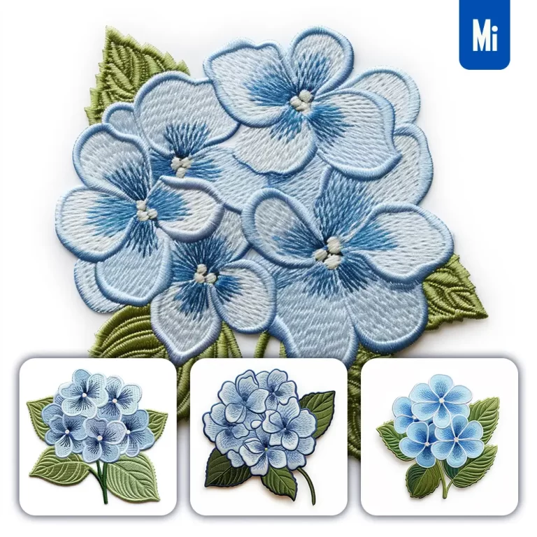 midjourney prompt blue hydrangea flower flat embroidery fabric gradient