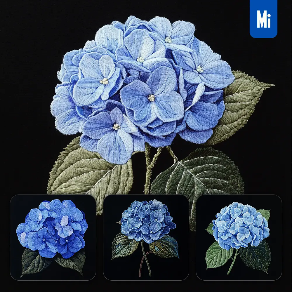 midjourney prompt blue hydrangea flower petals Chinese silk artistry embroidery pattern