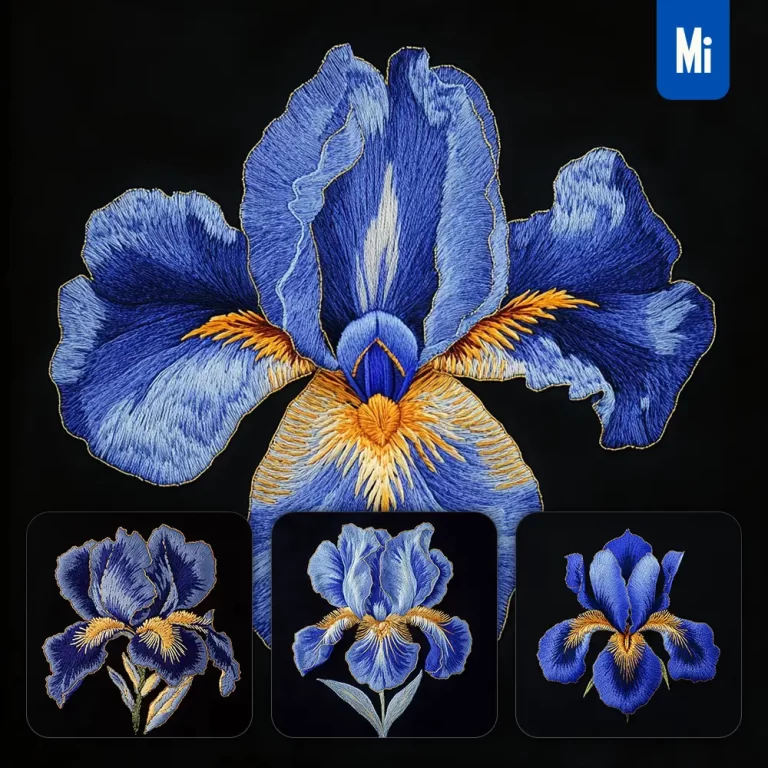 midjourney prompt blue iris flower petals Chinese silk artistry embroidery pattern