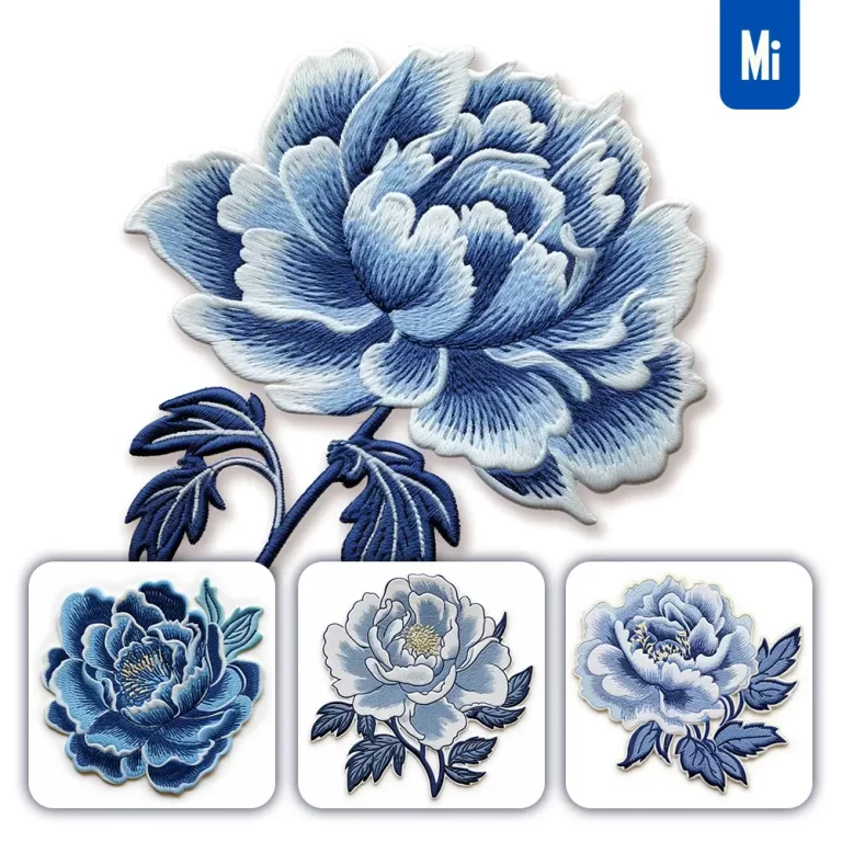 midjourney prompt blue peony flat embroidery fabric gradient