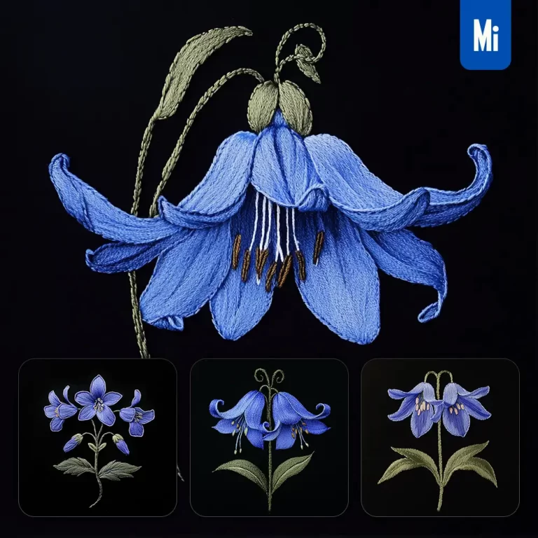 midjourney prompt bluebell flower petals Chinese silk artistry embroidery pattern
