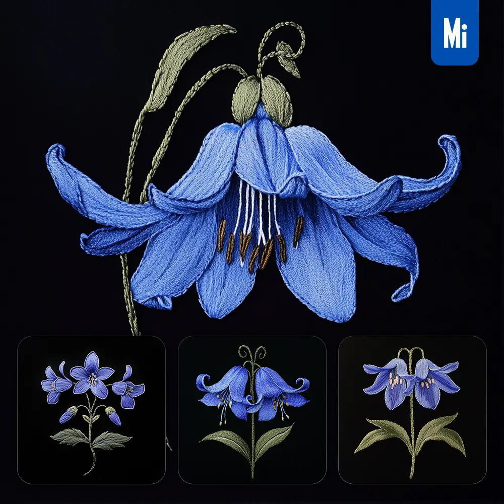 Midjourney Prompt Bluebell Flower Petals Chinese Silk Artistry Embroidery Pattern