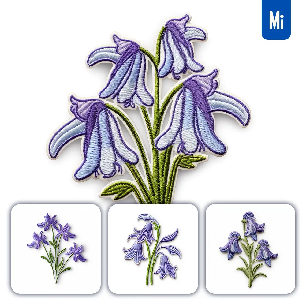 midjourney prompt bluebell purple flower flat embroidery fabric gradient