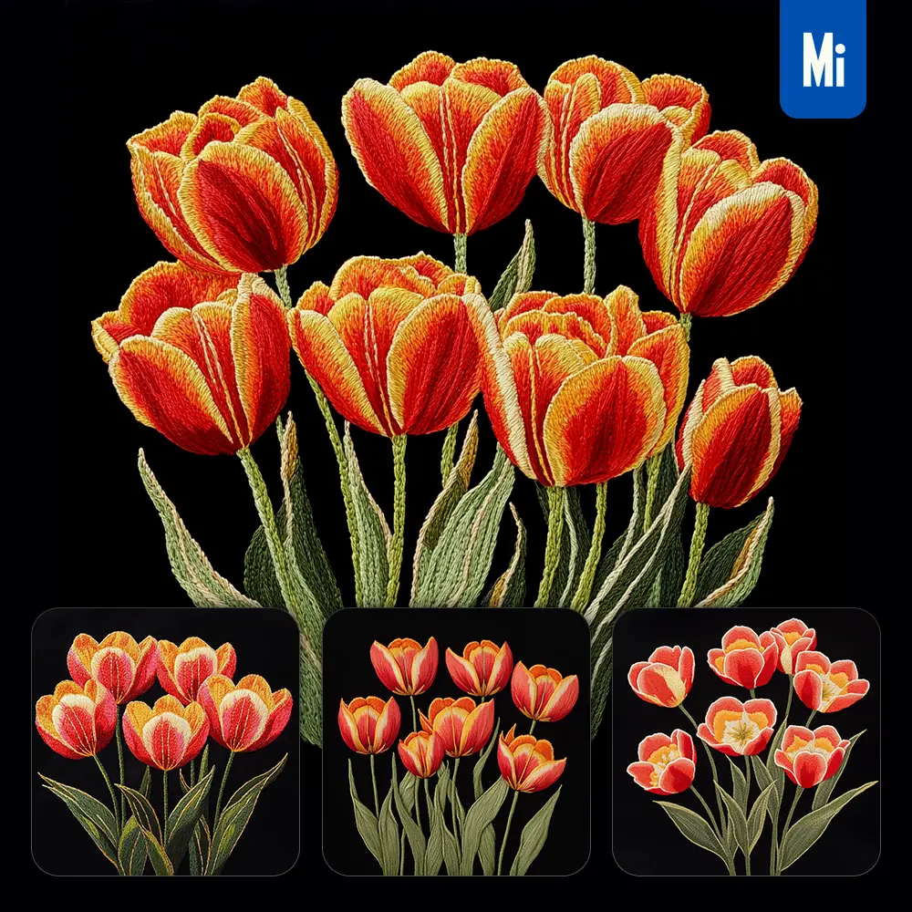 Midjourney Prompt Bright Red Yellow Tulip Group Flower Petals Chinese Silk Artistry Embroidery Pattern