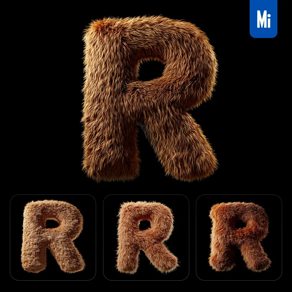 midjourney prompt brown R letter plush fluffy cute 3D toy