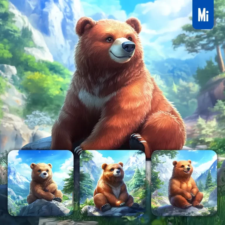 midjourney prompt brown bear animation cute stone wooded mountain sitting rock sky painting