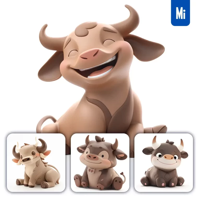 midjourney prompt bull popmart blindbox 3D cute cartoon C4D smile toy